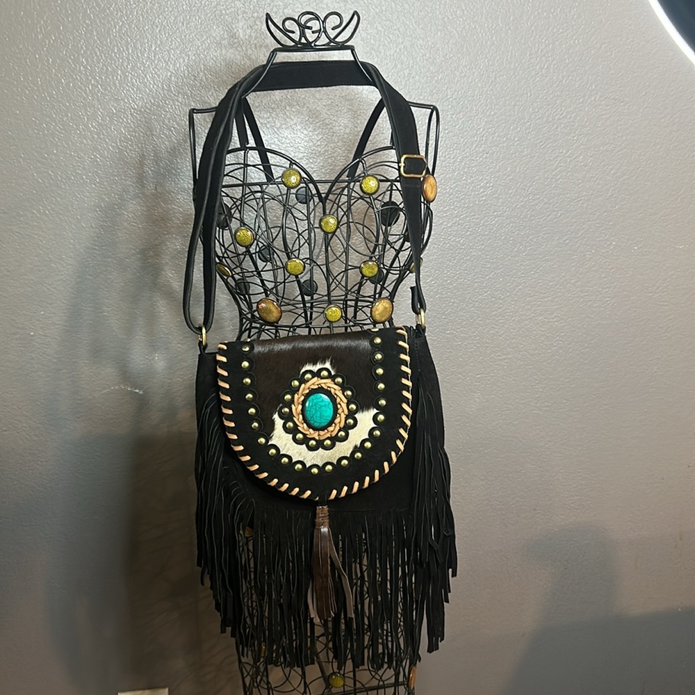 Black Genuine Leather Fringe Crossbody Bag/ NWOT